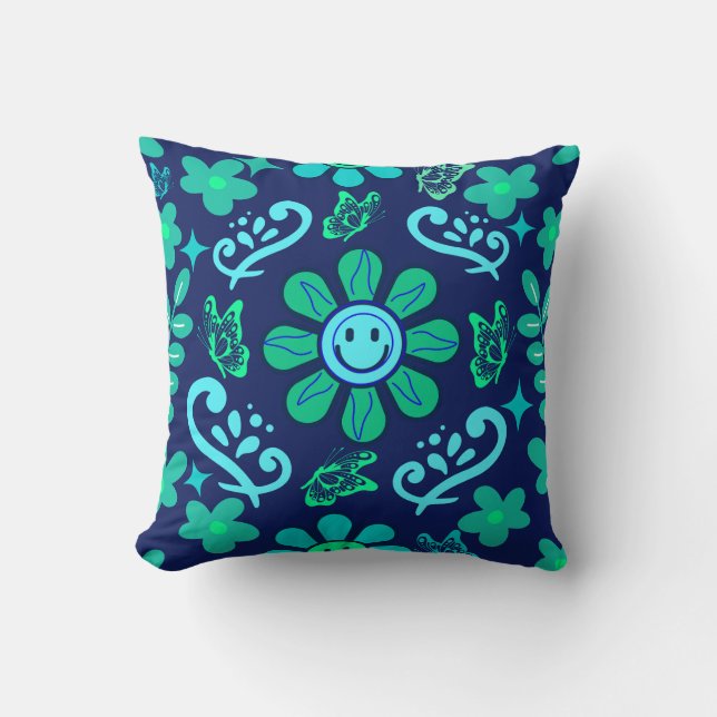 Blue Retro Style Floral and Sun Symbol Pattern Kissen (Vorderseite)