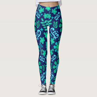 Blue Retro Style Floral and Sun Symbol Pattern Leggings