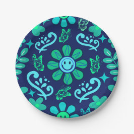 Blue Retro Style Floral and Sun Symbol Pattern Pappteller