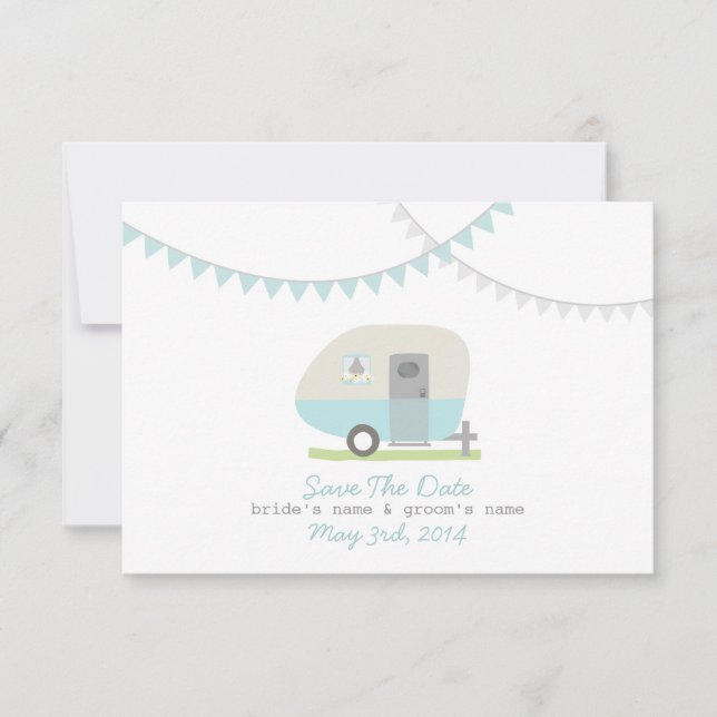 Blue Retro Trailer & Hochzeit speichern das Datum Save The Date (Vorderseite)