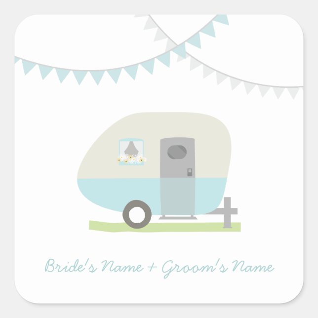 Blue Retro Trailer Hochzeitsticker Quadratischer Aufkleber (Vorderseite)