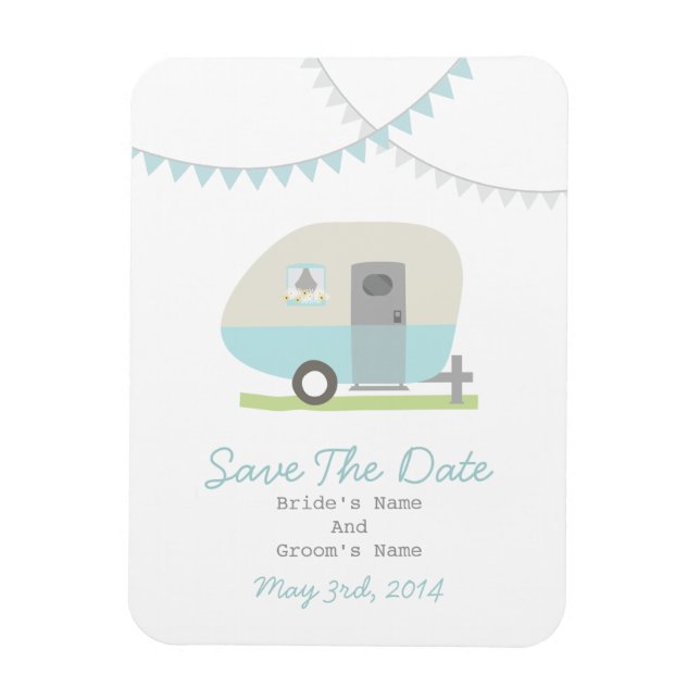 Blue Retro Trailer Save the Date Magnet (Vertikal)