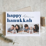 Blue Retro Typografie Happy Hanukkah Zwei Foto<br><div class="desc">Happy Hanukka! Senden Sie Ihre Hanukkah Grüße an Familie und Freunde mit dieser anpassbaren Foto Hanukkah-Karte. Es zeichnet sich durch Retro-fett Typografie aus. Personalisieren Sie diese,  indem Sie Ihre Daten hinzufügen. Diese benutzerdefinierte Hanukkah-Karte ist auf anderen Farben und Cardstock erhältlich. Matching-Elemente sind verfügbar.</div>