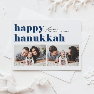 Blue Retro Typografie Happy Hanukkah Zwei Foto Feiertagskarte