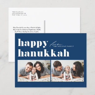 Blue Retro Typografie Happy Hanukkah Zwei Foto Feiertagspostkarte