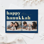 Blue Retro Typografie Happy Hanukkah Zwei Foto Folien Feiertagskarte<br><div class="desc">Happy Hanukka! Senden Sie Ihre Hanukkah Grüße an Familie und Freunde mit dieser anpassbaren Foto Hanukkah-Karte. Es zeichnet sich durch Retro-fett Typografie aus. Personalisieren Sie diese,  indem Sie Ihre Daten hinzufügen. Diese benutzerdefinierte Hanukkah-Karte ist auf anderen Farben und Cardstock erhältlich. Matching-Elemente sind verfügbar.</div>