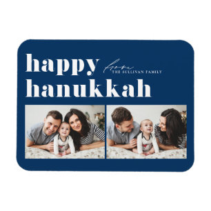 Blue Retro Typografie Happy Hanukkah Zwei Foto Magnet