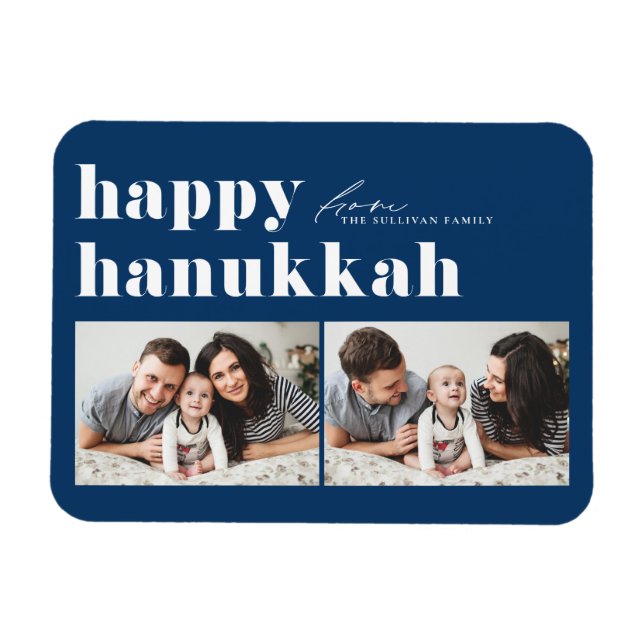 Blue Retro Typografie Happy Hanukkah Zwei Foto Magnet (Horizontal)