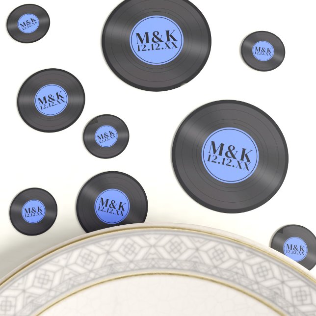 Blue Retro Vinyl LP Rock'n'Roll Wedding Monogram Konfetti (Perfect table confetti for your rock n roll wedding! Just add your initials and wedding date)