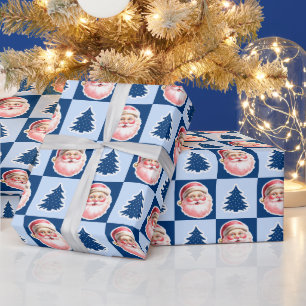 Blue Retro Weihnachtsbaum Tartan Kariert Geschenkpapier