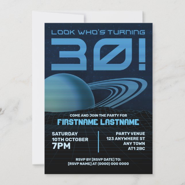 Blue Retrowave 30. Geburtstag Party Einladung (Vorderseite)