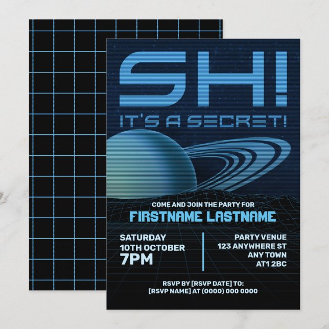 Blue Retrowave Überraschung Geburtstagsparty Einla Einladung (Vorne/Hinten)