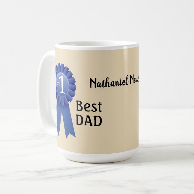 Blue Ribbon #1 Vater personalisieren mit Namen Kaffeetasse (Vorderseite Links)