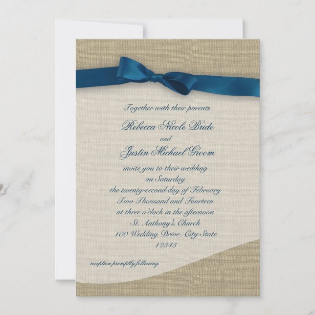 Blue Ribbon and Burlap Wedding Einladung (Vorderseite)
