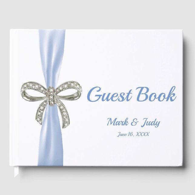 Blue Ribbon Diamond Bow Wedding Guestbook Gästebuch (Vorderseite)