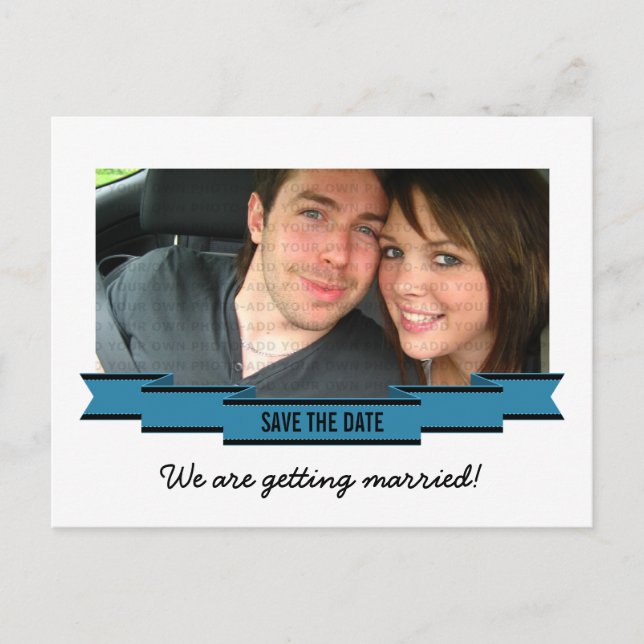 Blue Ribbon Foto Save the Date Postkarte (Vorderseite)
