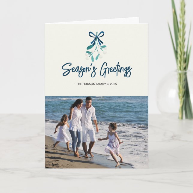 Blue Ribbon gebunden Mistletoe Karte (Vorderseite)