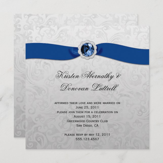 Blue Ribbon Gem Silver Post Wedding Einladung (Vorne/Hinten)