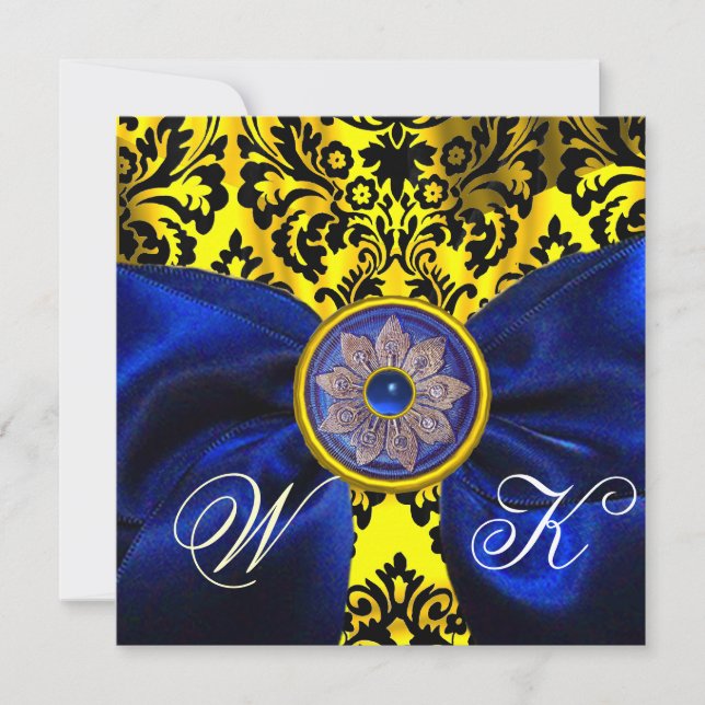 BLUE RIBBON GOLD YELLOW BLACK DAMASK MONOGRAMM EINLADUNG (Vorderseite)