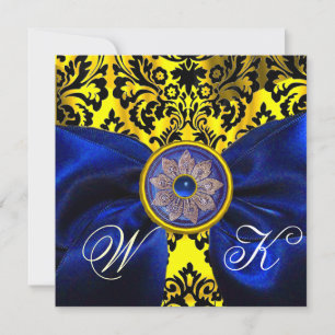 BLUE RIBBON GOLD YELLOW BLACK DAMASK MONOGRAMM EINLADUNG