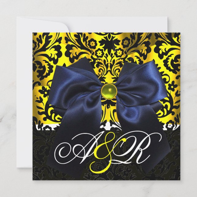 BLUE RIBBON GOLD YELLOW BLACK DAMASK MONOGRAMM EINLADUNG (Vorderseite)