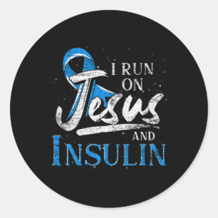 Blue Ribbon I Run On Jesus and Insulin Diabetes Aw Runder Aufkleber