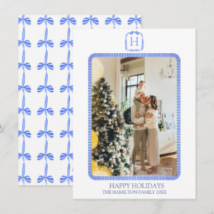 Blue Ribbon Monogram Foto Grandmillennial Feiertagskarte