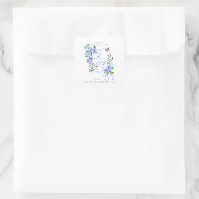 Blue Ribbon Monogram Wedding Quadratischer Aufkleber (Tasche)