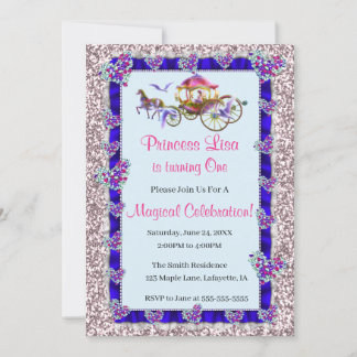 Blue Ribbon Pink Glitzer Royal Princess Birthday Einladung