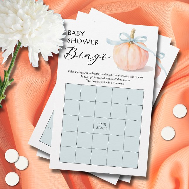 Blue Ribbon Pumpkin Baby Dusche Bingo Spiel (Blue ribbon and bow pumpkin boy baby shower bingo game cards)