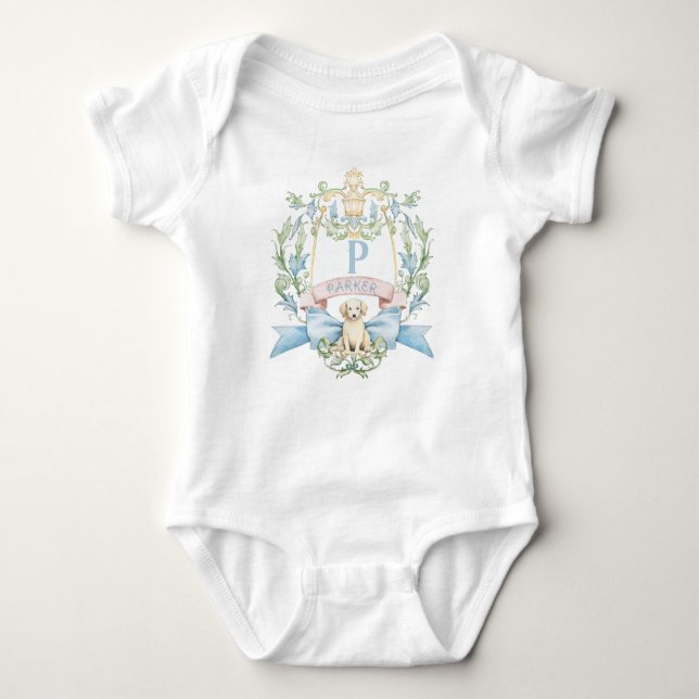 Blue Ribbon Puppy Baby Monogram Wappen Baby Strampler (Vorderseite)