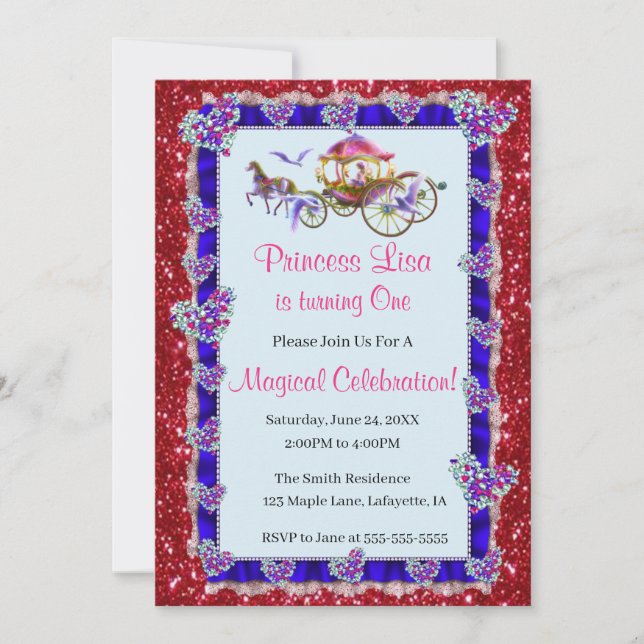 Blue Ribbon Red Glitzer Royal Princess Birthday Einladung (Vorderseite)