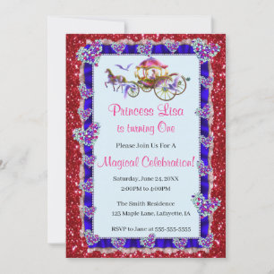 Blue Ribbon Red Glitzer Royal Princess Birthday Einladung