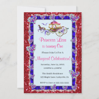 Blue Ribbon Red Glitzer Royal Princess Birthday Einladung