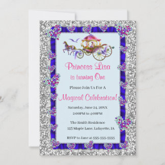 Blue Ribbon Silver Glitzer Royal Princess Birthday Einladung