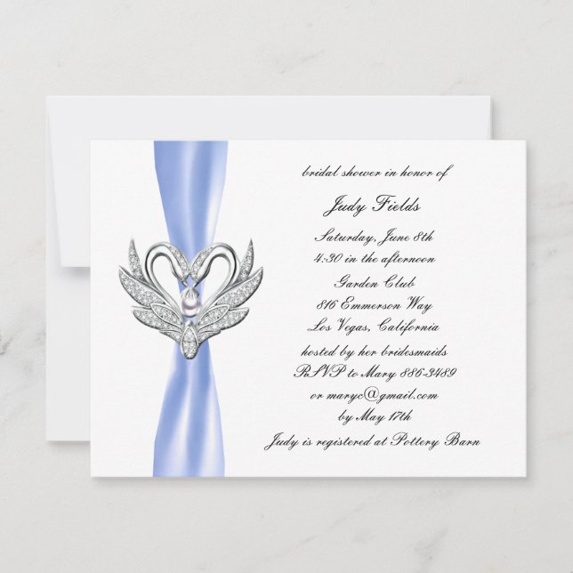 Blue Ribbon Silver Swans Bridal Dusche Einladung (Vorderseite)