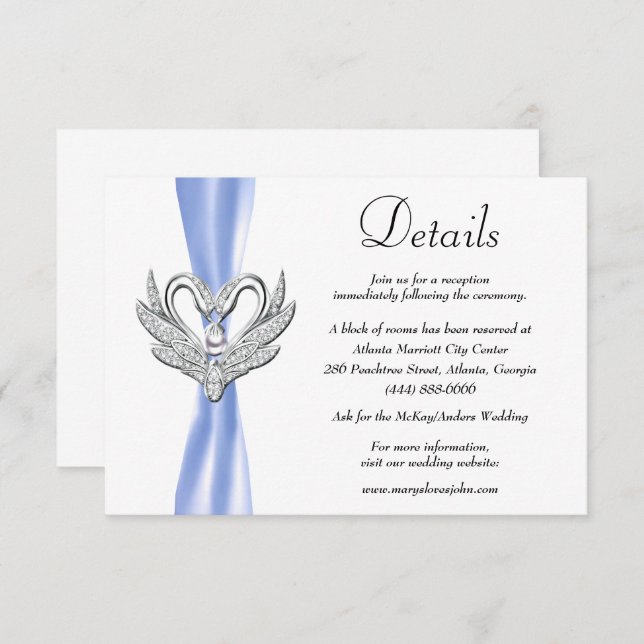 Blue Ribbon Silver Swans Hochzeitdetails Begleitkarte (Vorne/Hinten)