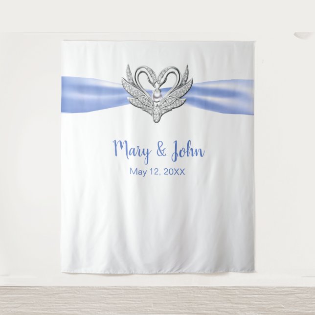Blue Ribbon Silver Swans Hochzeitskugel Wandteppich (Vorderseite)