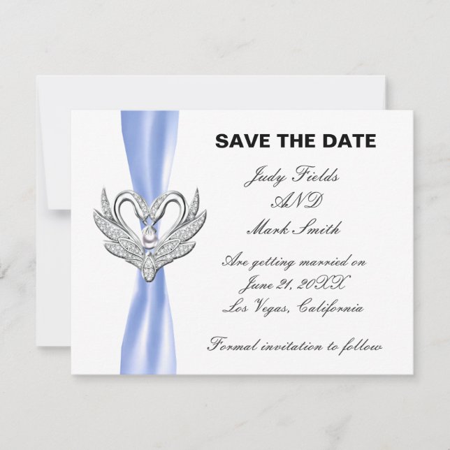 Blue Ribbon Silver Swans Save the Date Card Einladung (Vorderseite)