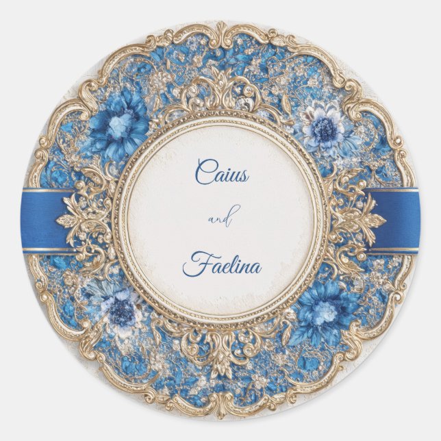 Blue Ribbon Viktorianisch Floral Wedding Sticker (Vorderseite)