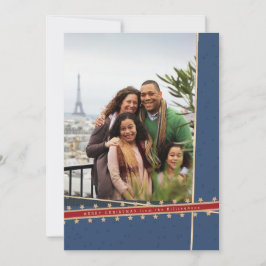 Blue Ribbon Wrapped Flat Christmas Foto Card Feiertagskarte