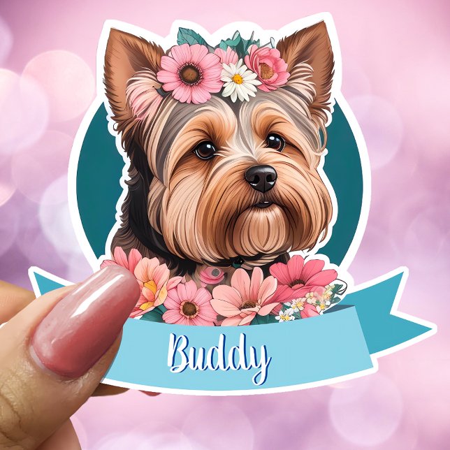 Blue Ribbon, Yorkshire & Pink Blume nach Maß Aufkleber (Von Creator hochgeladen)