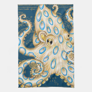 Blue Ring Octopus Indigo Vintag Map Nautic Geschirrtuch