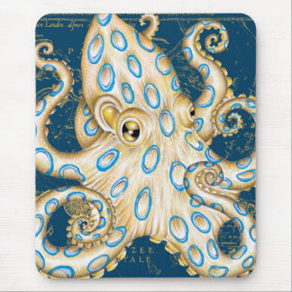 Blue Ring Octopus Indigo Vintag Map Nautic Mousepad