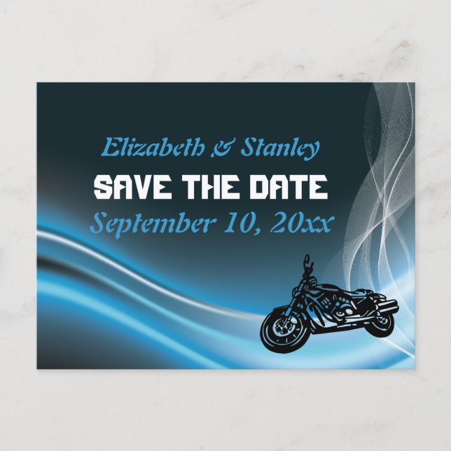 Blue Road Biker Hochzeit Save the Date Postcard Ankündigungspostkarte (Vorderseite)