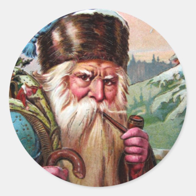 Blue Robe Santa Claus Rauchen Pipe - Weihnachten Runder Aufkleber (Vorderseite)
