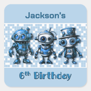 Blue Robot Thema 6. Geburtstag Einladung Quadratischer Aufkleber