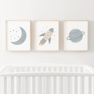 Blue Rocket Ship Moon Planet Weltraum Kids Room Bilderwand Sets