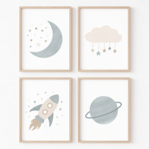 Blue Rocket Ship Moon Planet Weltraum Kids Room Bilderwand Sets