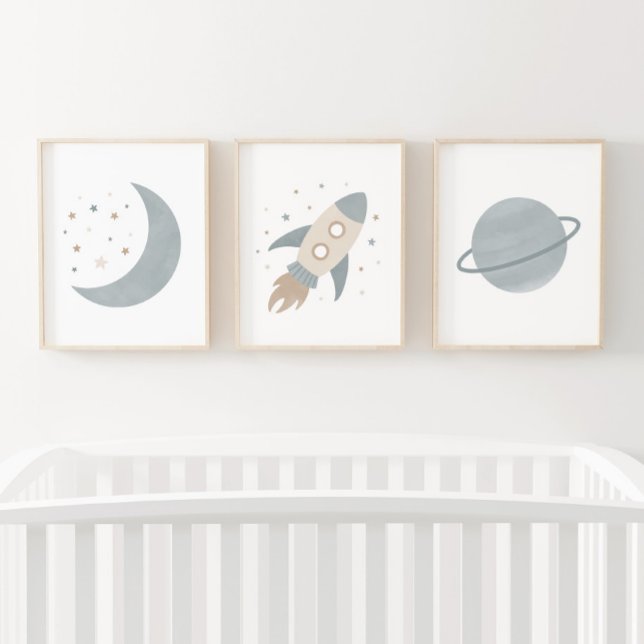 Blue Rocket Ship Moon Planet Weltraum Kids Room Bilderwand Sets (Von Creator hochgeladen)
